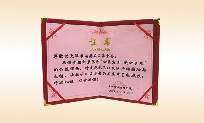 2019年1月-正规的十大网投实体平台(中国)有限公司公益基金会荣获-天津市儿童福利院颁发的荣誉证书